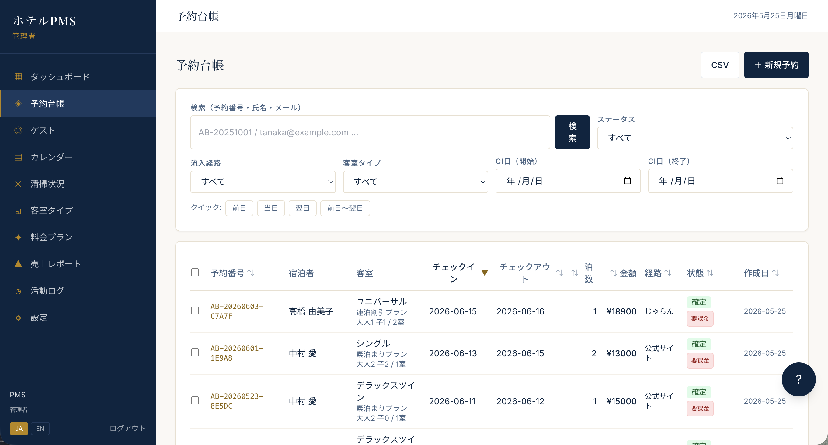 StayFlow 予約台帳画面