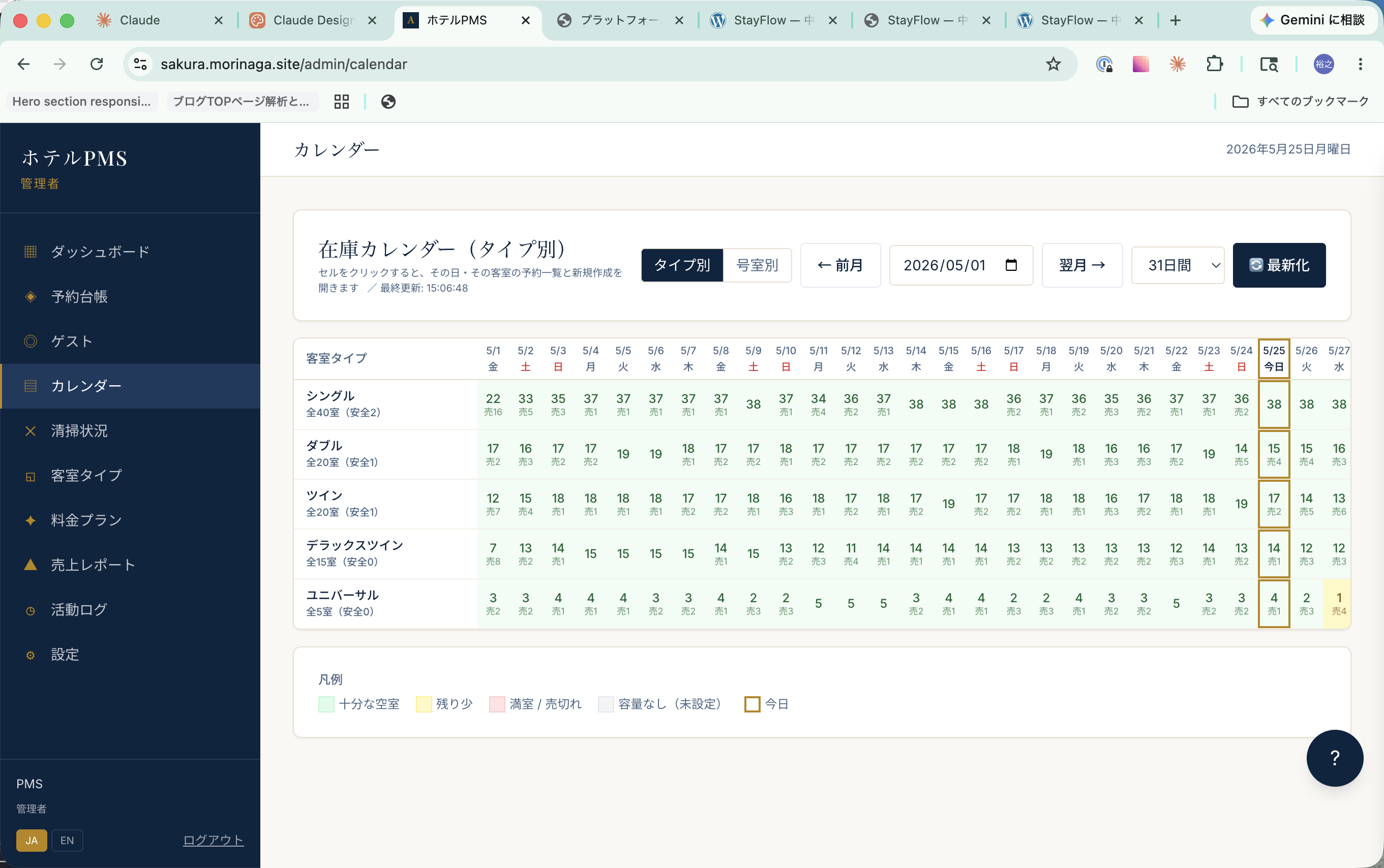 StayFlow カレンダー（タペチャート）画面